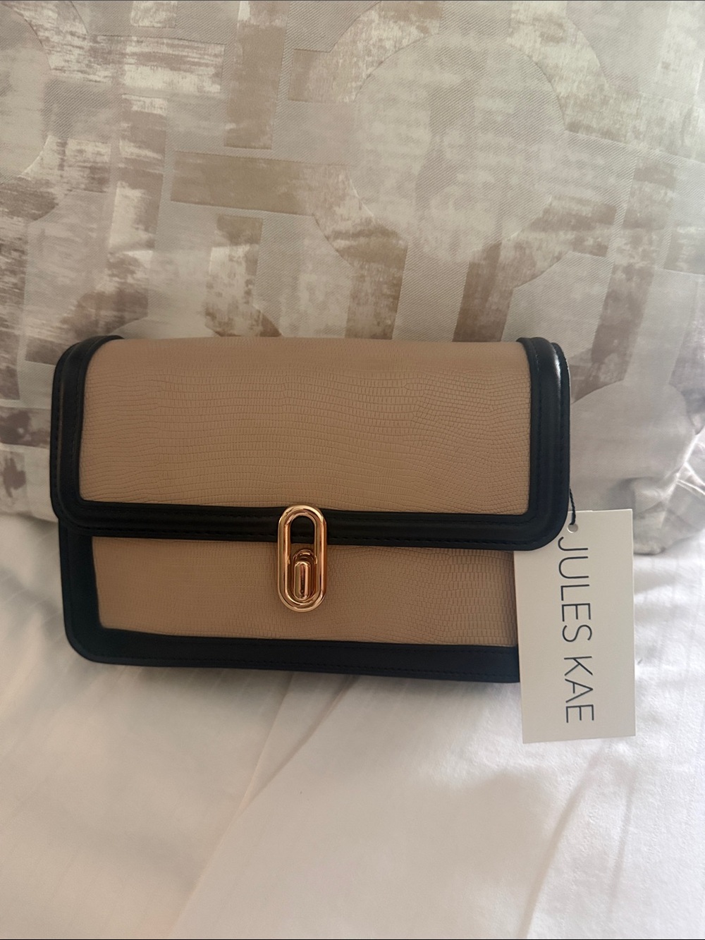 Jules Kae Beige and Black Crossbody Bag with Gold Hardware